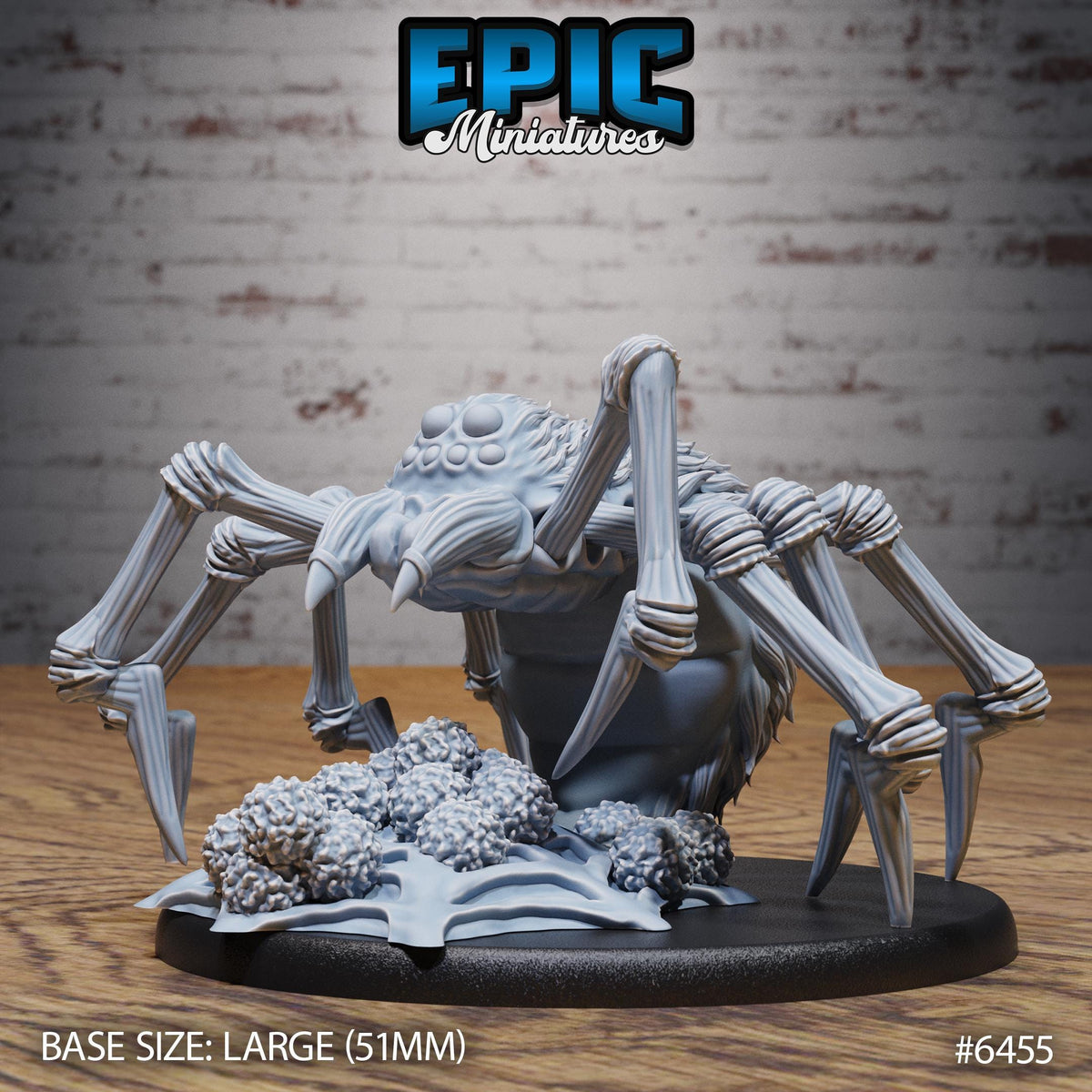A 3D model of a large spider with eight legs and a body, sitting on a base with a pile of small objects in front of it.