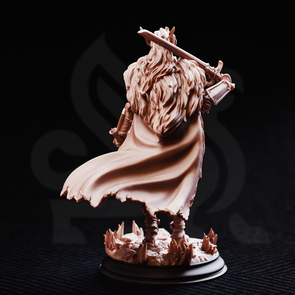 A figurine of a person with long hair and a flowing cape, holding a sword, is depicted against a dark background.
