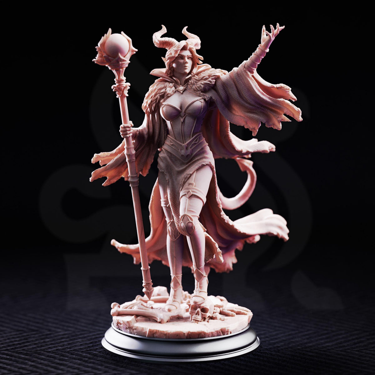 A detailed 3D model of a female fantasy character, possibly a witch or magical figure, standing on a pedestal and holding a staff or staff-like object.