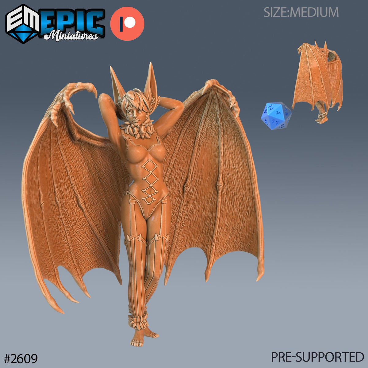 The image is a 3D model of a bat-like creature with wings, featuring a female figure with a unique design. The creature appears to be a miniature model, and it is pre-supported, meaning it is ready for use in a game or other application.