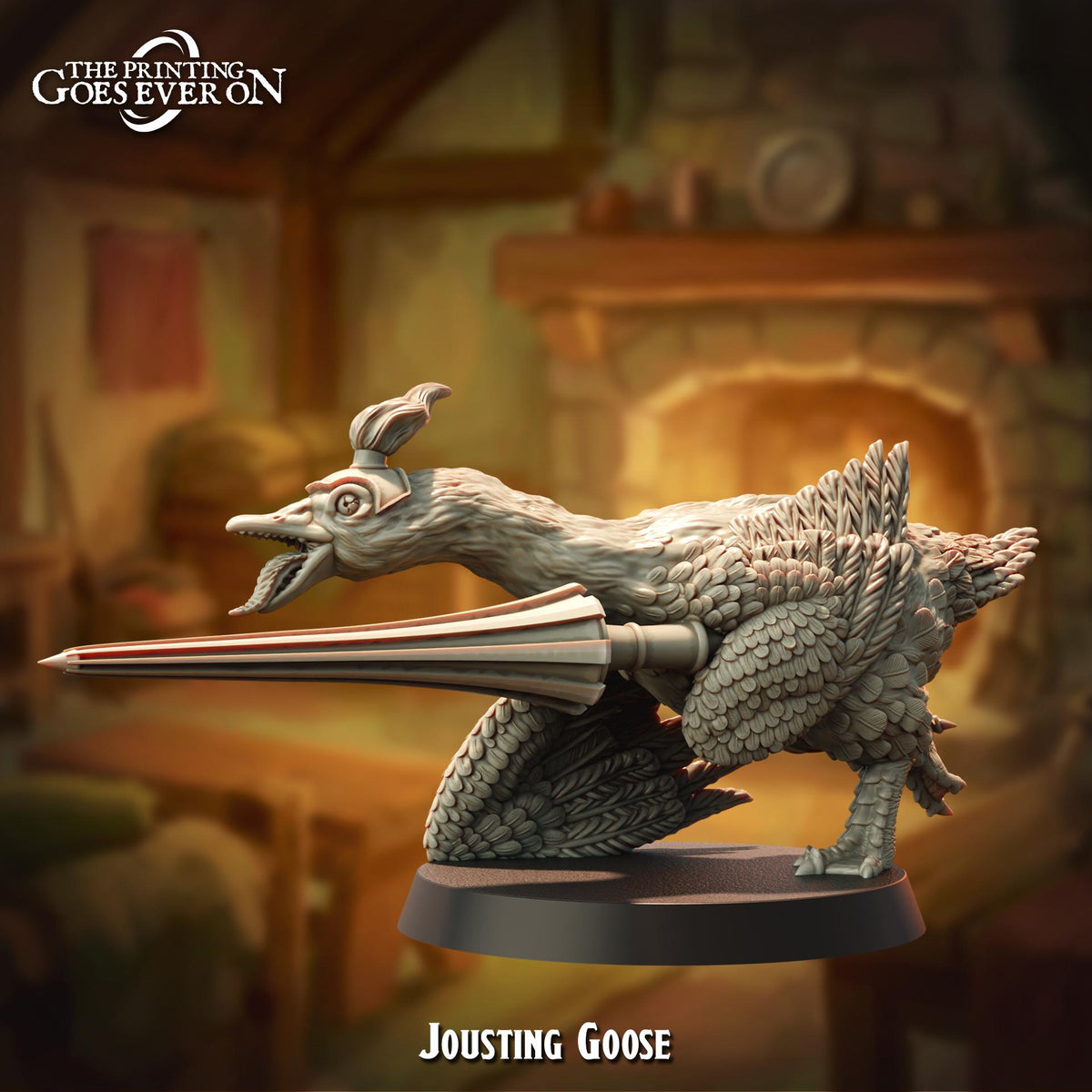 A jousting goose figurine with a large lance, standing on a wooden base.