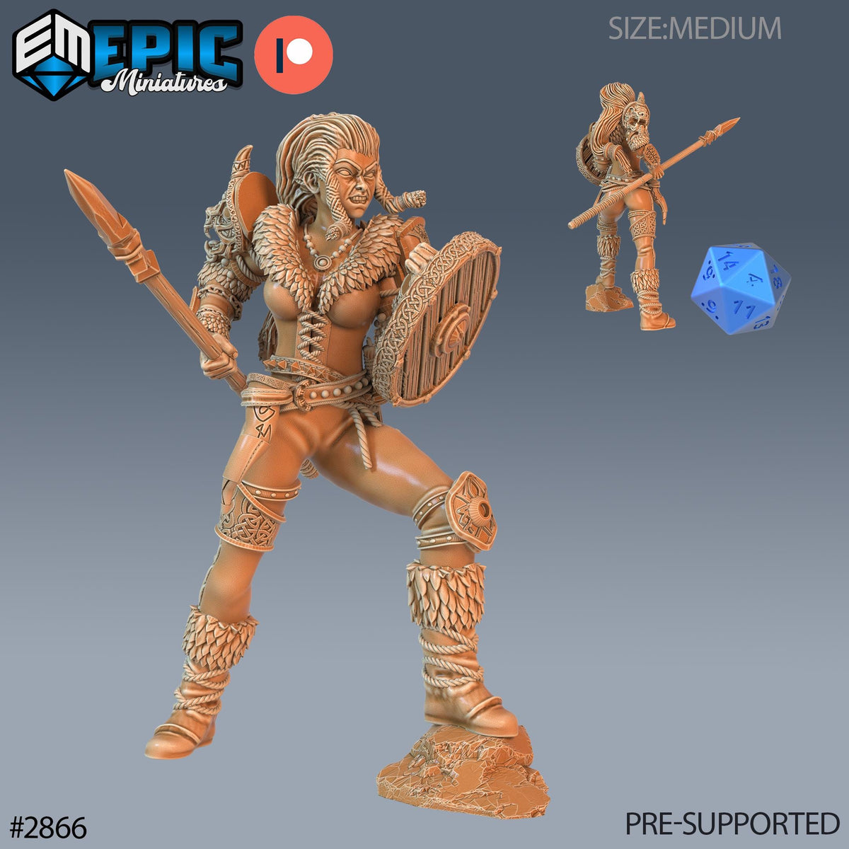 The image is a 3D model of a female warrior figure, holding a spear and shield, with a dice in the background. The figure is wearing a decorative outfit and has a fierce expression on her face. The image is labeled as a "PRE-SUPPORTED" version, indicating that it is available for use in a game or other project.