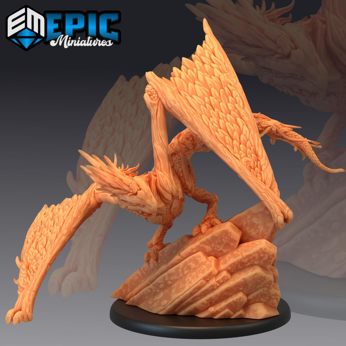a detailed, orange-colored dragon figurine perched on a rock formation.