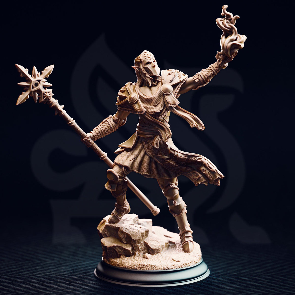 A detailed 3D model of a warrior figure, holding a staff and wielding a weapon, standing on a rocky base against a dark background.