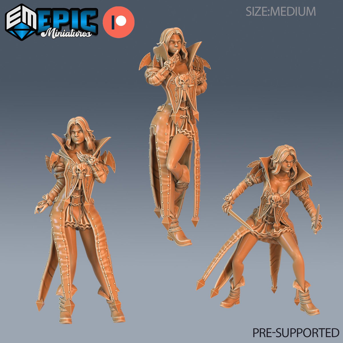 three bronze-colored figurines of female characters, each with unique poses and accessories. The figurines are labeled as "PRE-SUPPORTED" and are part of the "EPIC MINIATURES" collection.