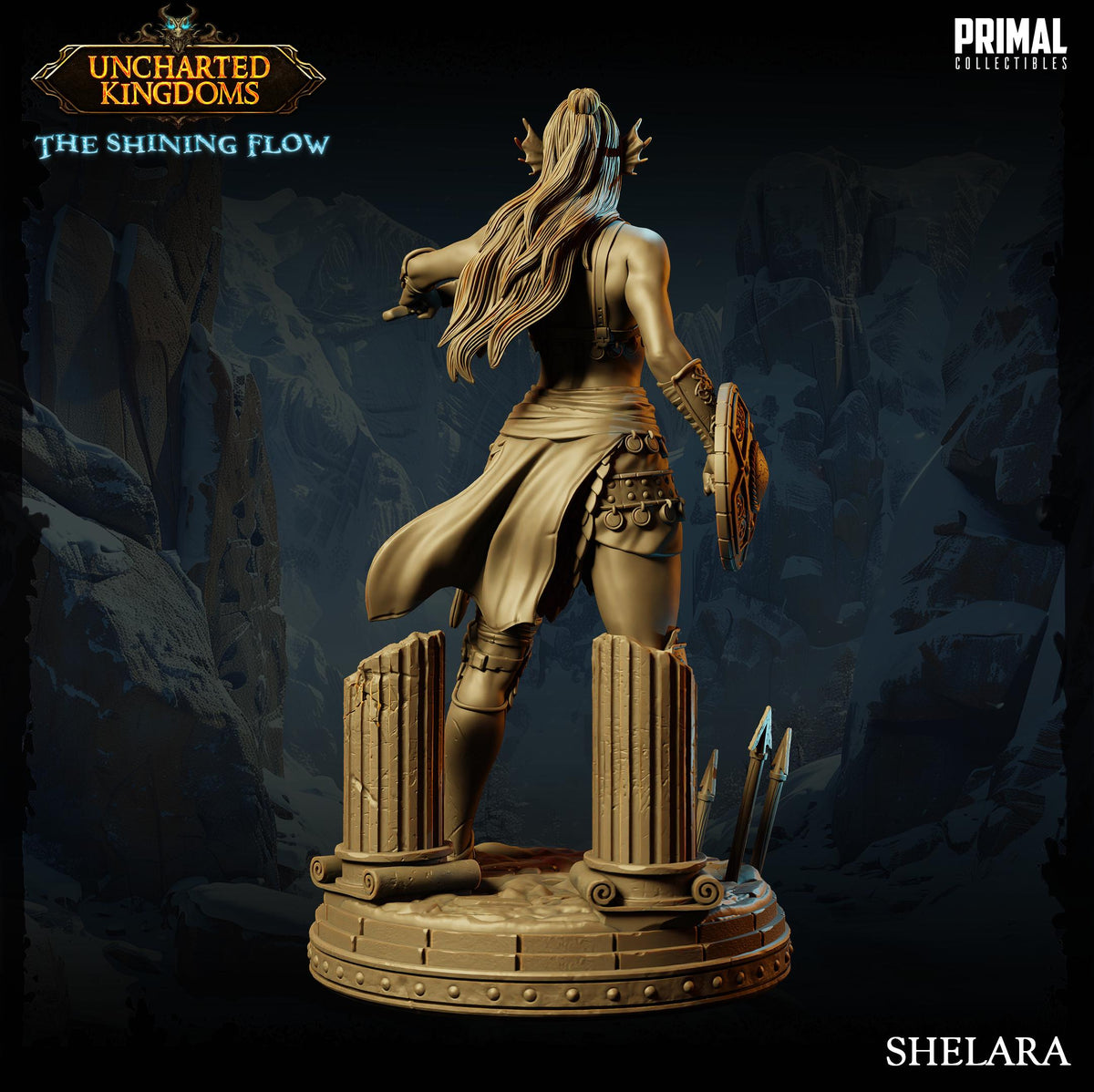 A golden statue of a woman with long hair and a flowing skirt, standing on a pedestal and holding a shield, against a dark, rocky background.