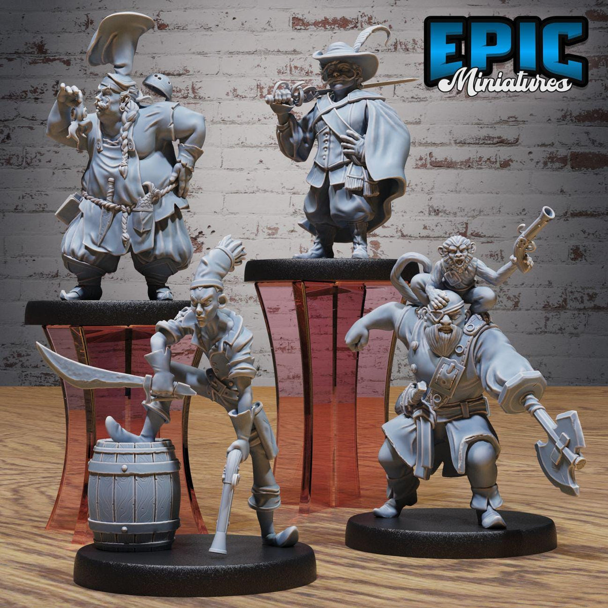 four figurines of pirates, each holding different weapons, arranged on a wooden surface against a brick wall background.