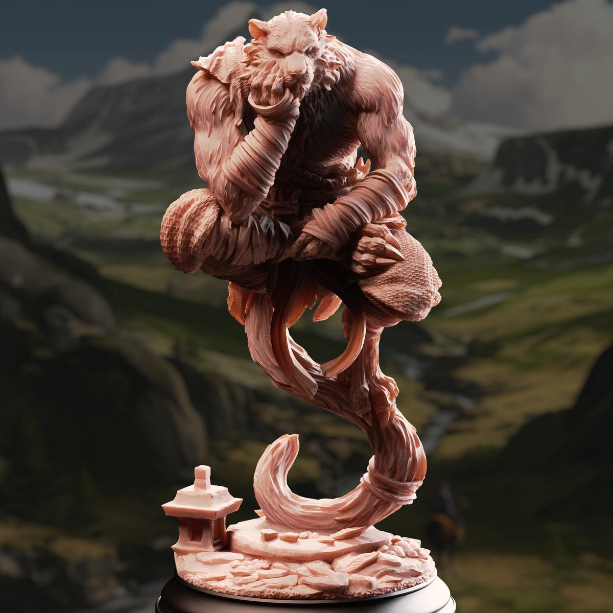 A detailed sculpture of a fantastical creature, possibly a dragon or wolf, sitting on a branch and holding a small object in its mouth. The sculpture is set against a backdrop of mountains and a cloudy sky.