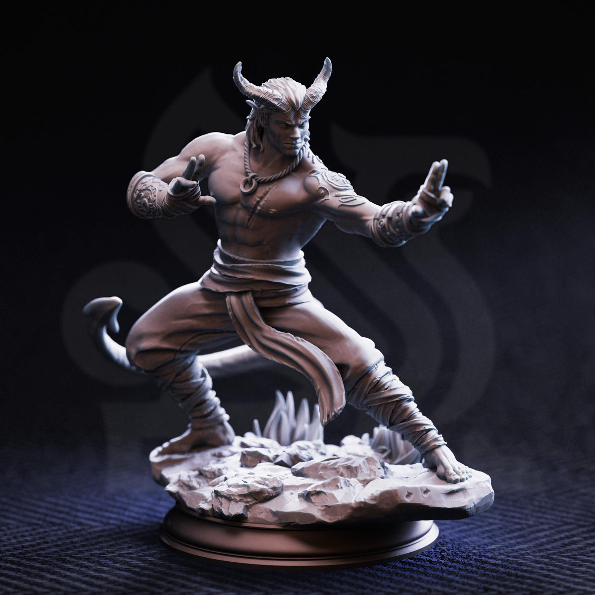 A detailed 3D model of a muscular, horned warrior figure in a fighting stance, with a sword in hand and a determined expression on their face.