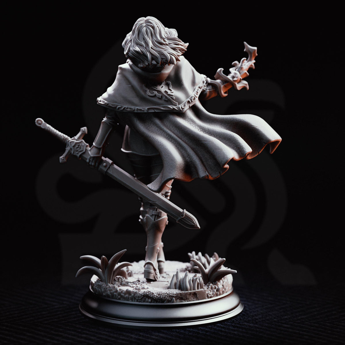 A detailed 3D rendering of a female character with flowing hair and a cape, holding a sword and standing on a base with plants and rocks.