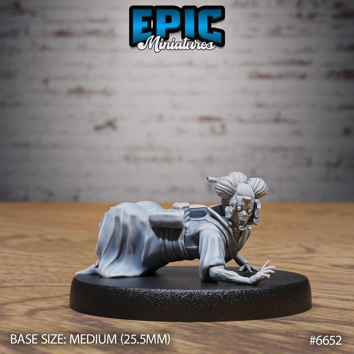 A figurine of a person lying down on a black base, with a brick wall in the background. The figurine appears to be a miniature model of a person, possibly from a tabletop or display game.