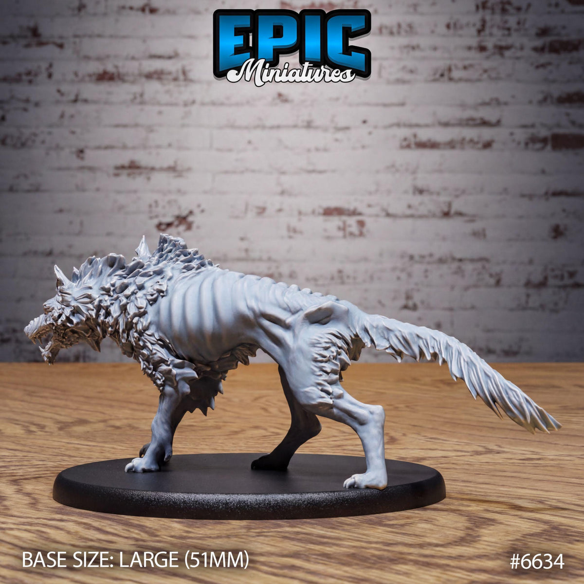 A large gray wolf figurine on a black base, with a brick wall in the background.