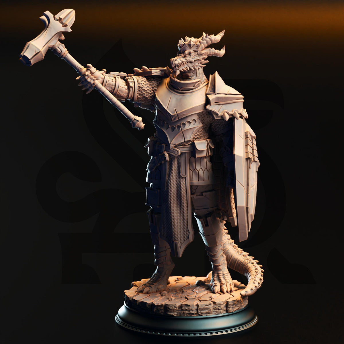 A detailed 3D model of a dragon-like creature, possibly a fantasy or fantasy-inspired character, standing on a pedestal and holding a large weapon.