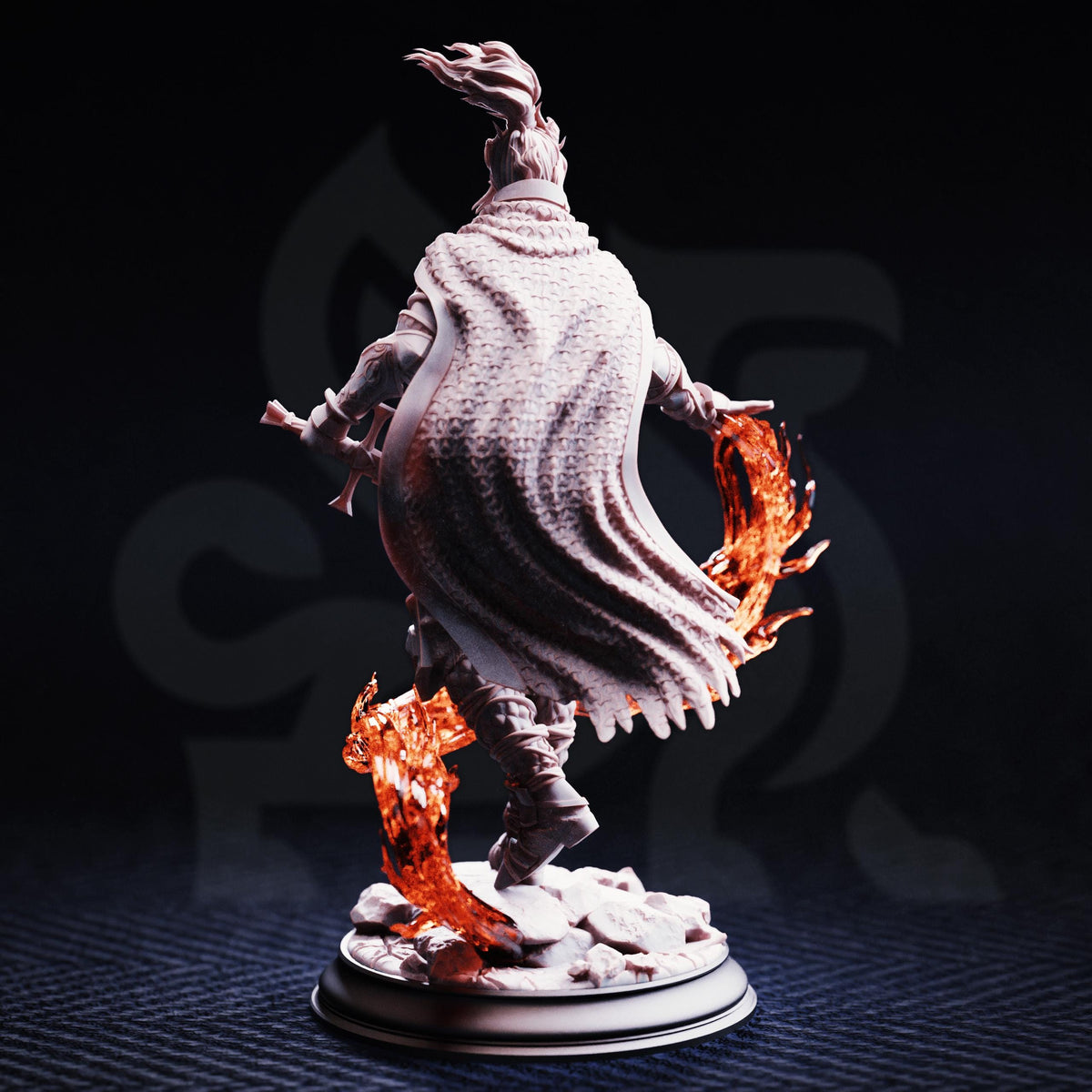A 3D rendering of a statue depicting a figure with a flowing cape and flames emanating from its hands, set against a dark background.