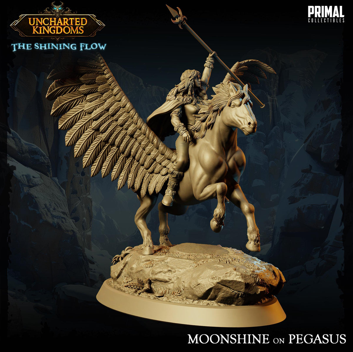 A detailed 3D model of a winged creature, possibly a mythical or fantastical animal, with a human figure riding on its back. The creature has large, ornate wings and is depicted in a dynamic pose, with the human figure holding a spear. The background is dark and rocky, creating a sense of ruggedness and wilderness. The image is titled "The shining flow" and "Moonlight on Pegasus", suggesting it is a part of a larger collection or series.