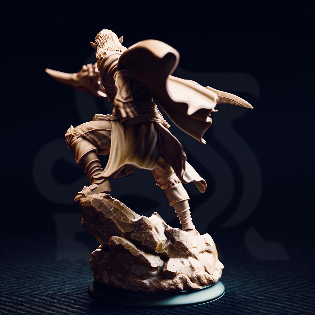 A detailed 3D model of a warrior figure, standing on a rocky base and wielding a sword.