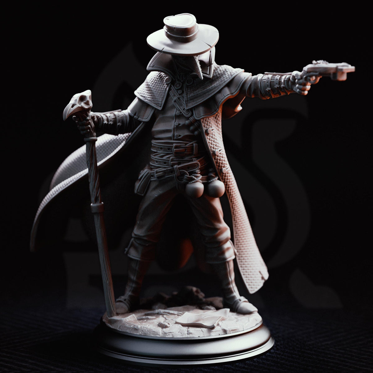 A detailed 3D model of a character wearing a hat and holding a gun, standing on a base.