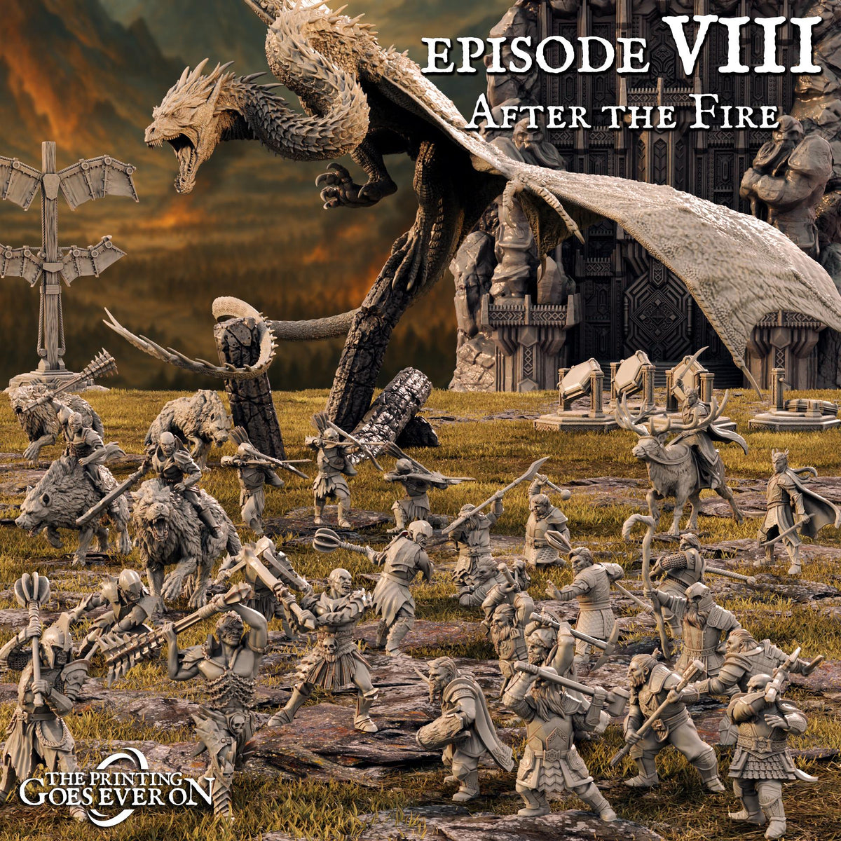 The image is a collage of various fantasy-themed images, including a large dragon, a group of armored knights, and a group of soldiers. The text "EPISODE VII" and "After the Fire" is visible, suggesting this is part of a larger collection or series.