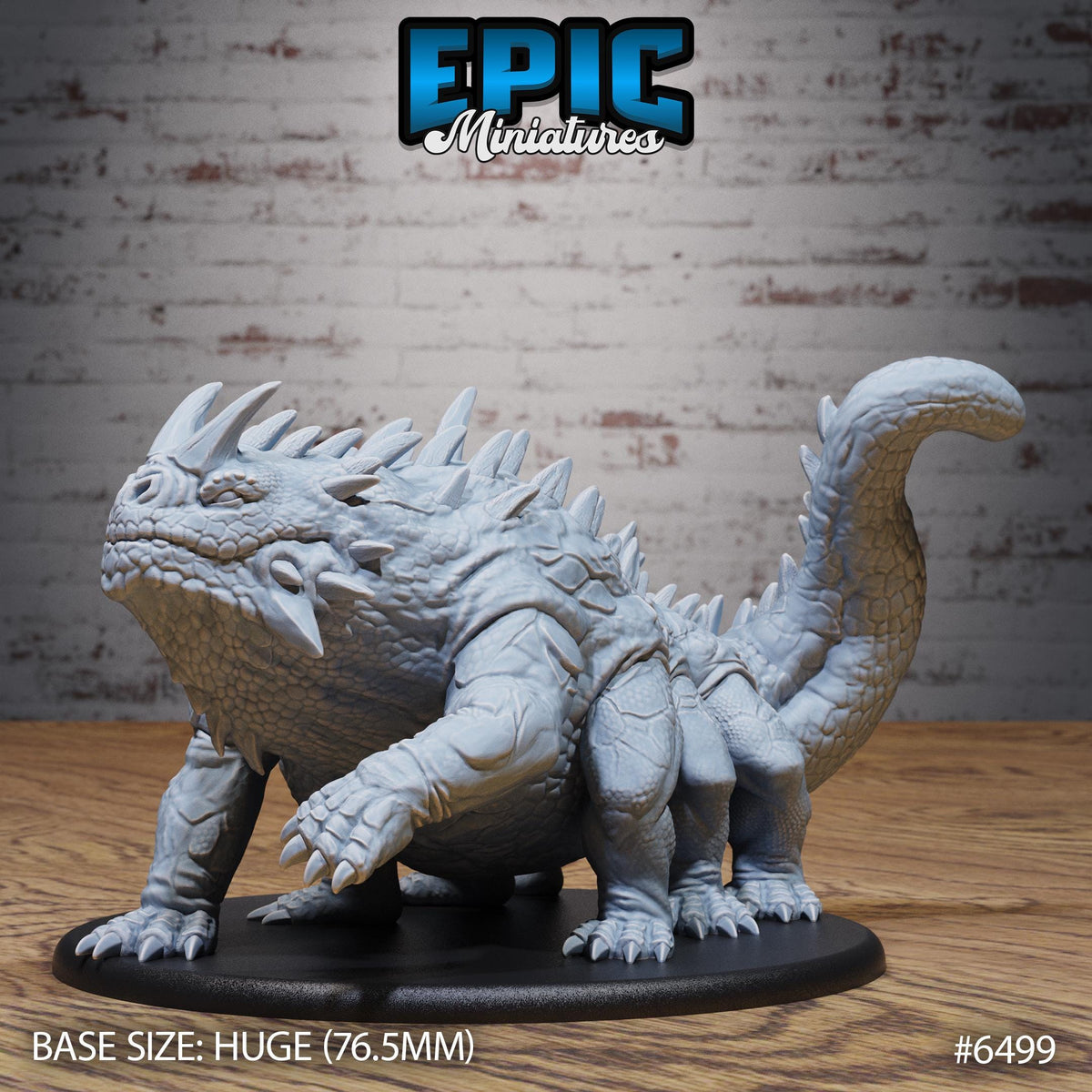 a large, detailed model of a dragon-like creature with spikes and a long tail, sitting on a black base. The base size is described as huge, with a length of 76.5mm. The image is a miniature of a dragon-like creature, and it is placed against a brick wall background.