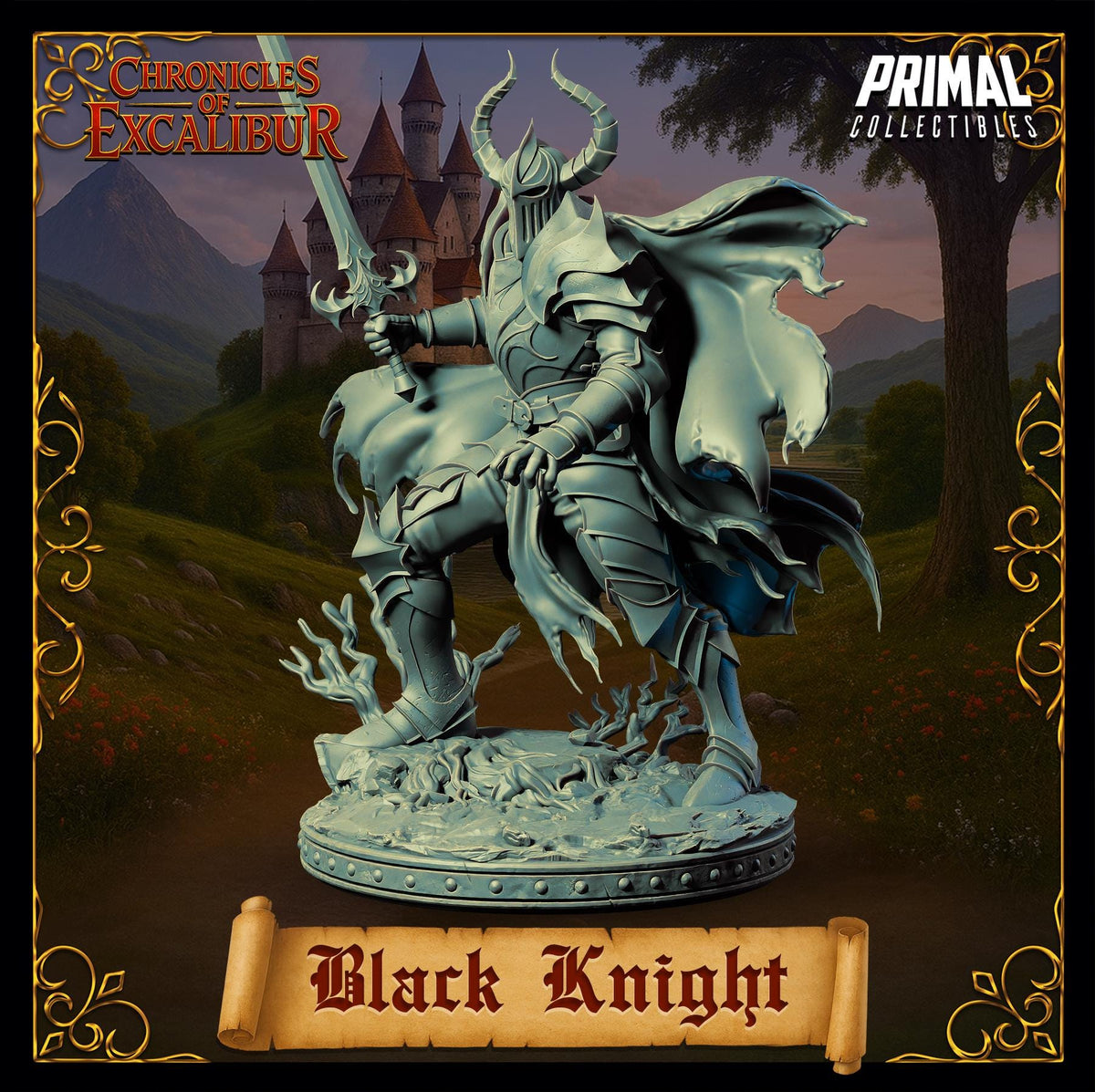 Black Knight miniature from Chronicles of Excalibur, crafted in premium resin for collectors and gaming enthusiasts.