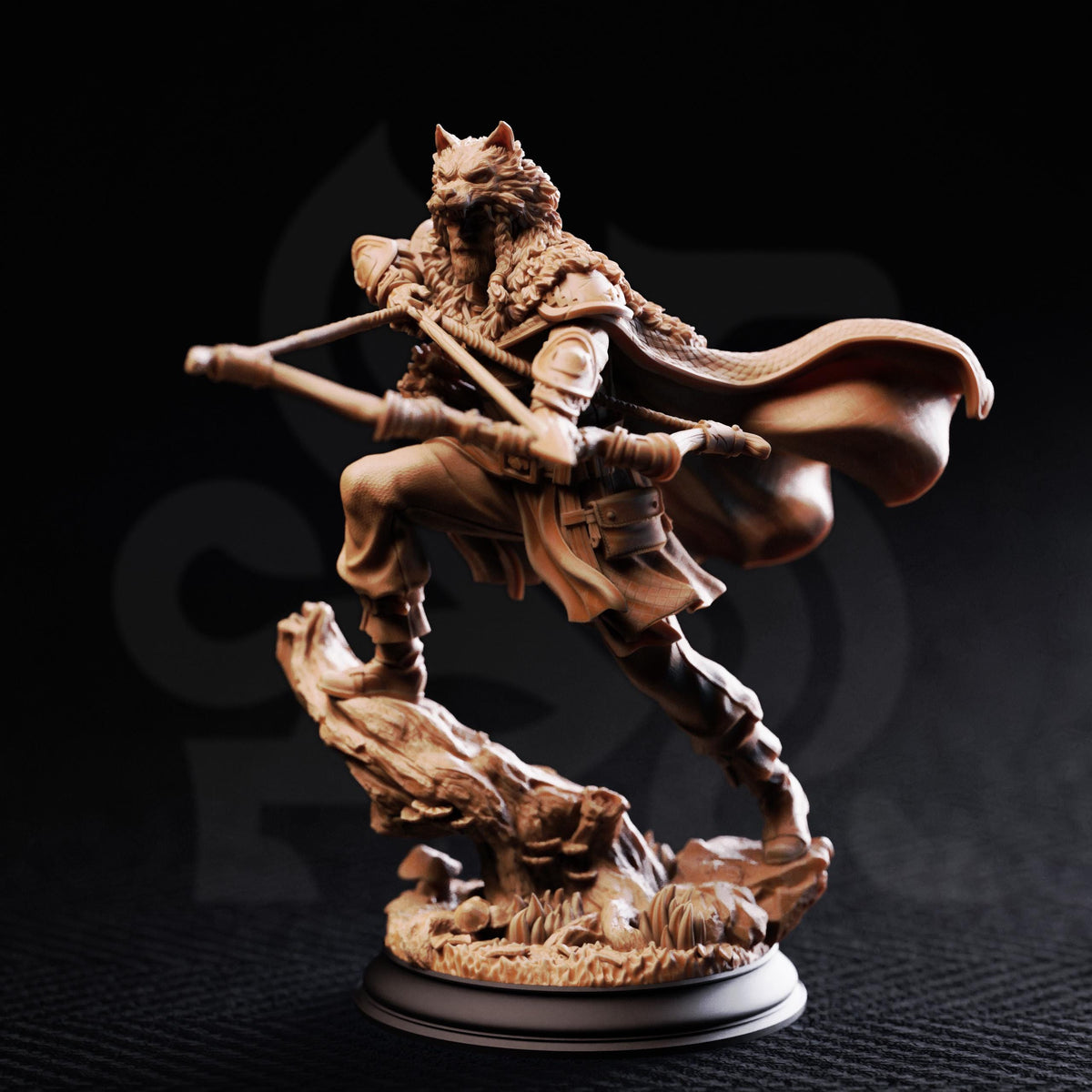 A detailed figurine of a warrior figure, possibly a wolf-like creature, standing on a rock and holding a weapon.