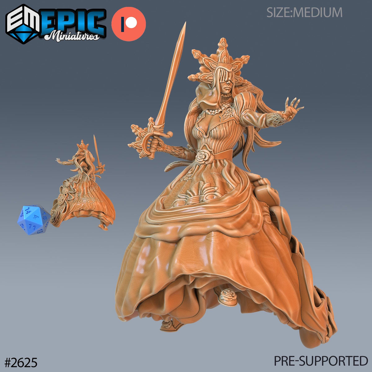 The image is a 3D rendering of a female character with a flowing, ornate dress and a crown, holding a sword. The character appears to be a fantasy or mythological figure, possibly a queen or goddess. The image is a 3D model of the character, and it is pre-supported, meaning it is ready for use in a game or other digital media. The image is part of a collection of similar images, and it is described as a "collage of multiple images" and "pre-supported".