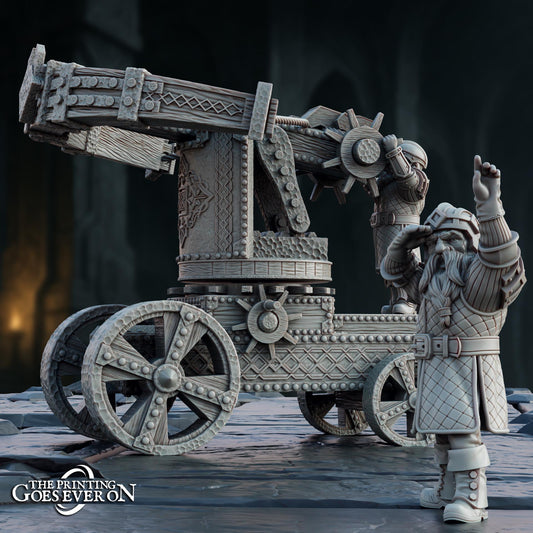 A detailed 3D model of a medieval-style cannon, featuring intricate designs and craftsmanship. The cannon is mounted on a cart, and a dwarf figure is standing next to it, possibly a dwarf warrior or dwarf character. The background is dark and blurred, creating a sense of depth and focus on the cannon and the dwarf figure.