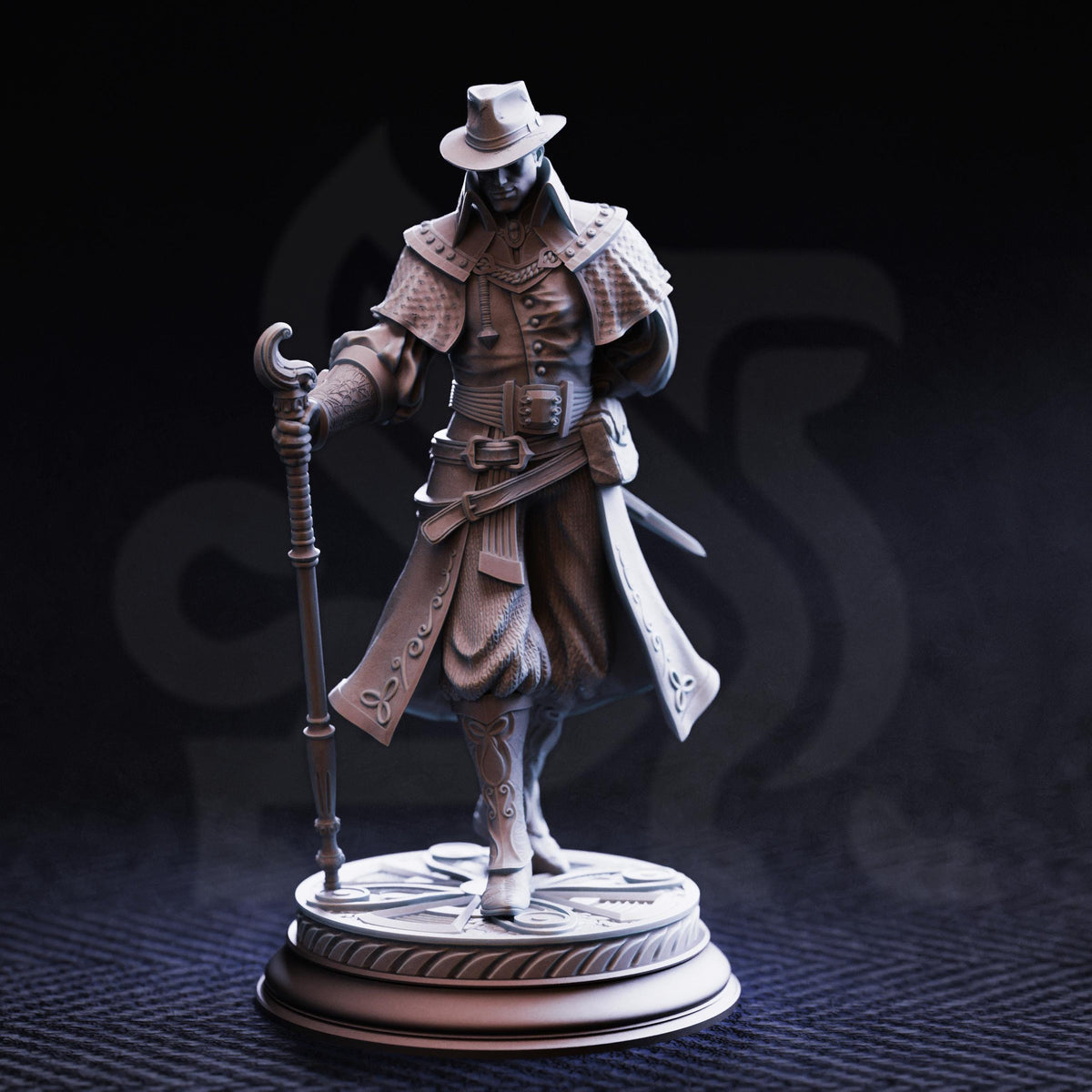A detailed 3D model of a character wearing a hat and holding a cane, standing on a pedestal against a dark background.