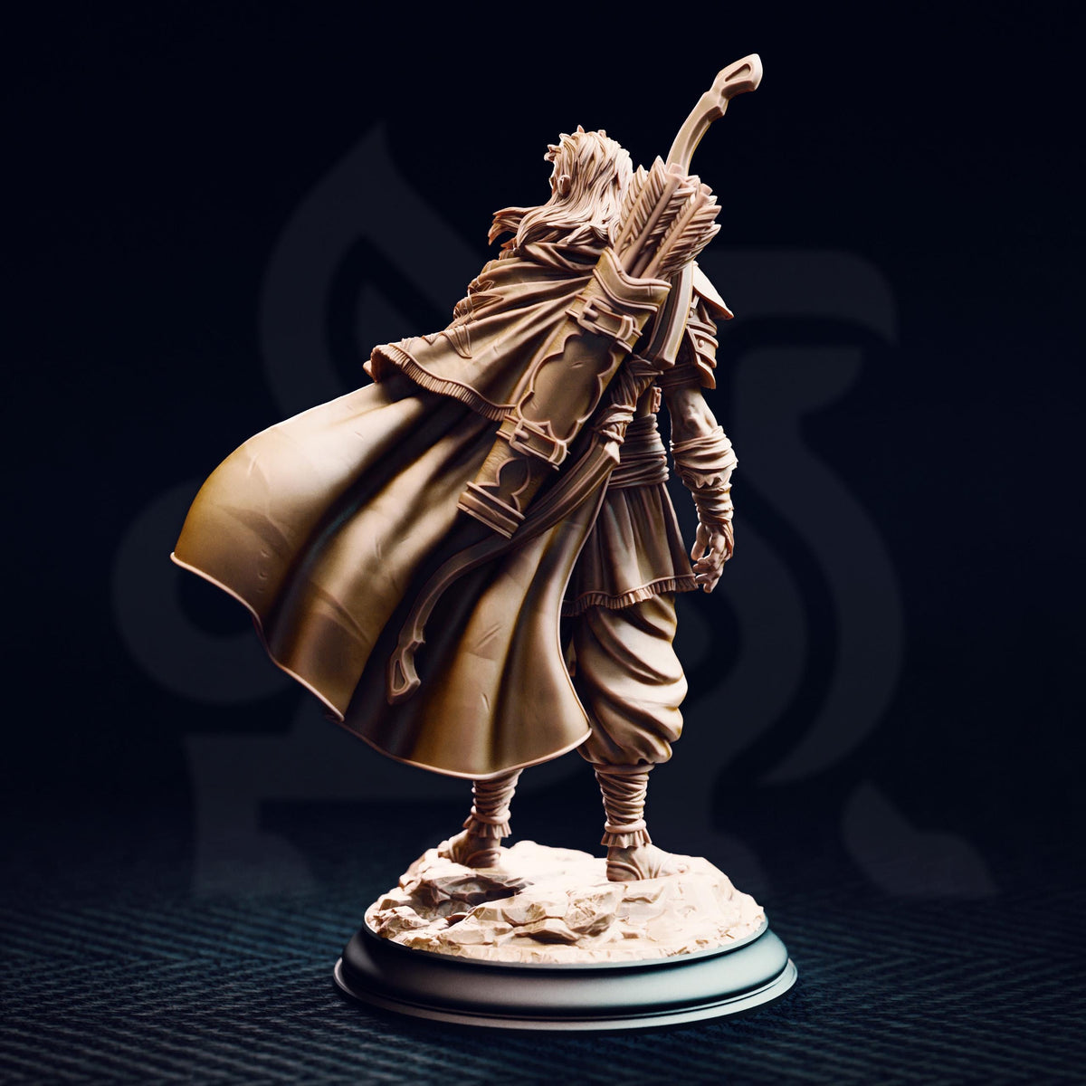 A bronze statue of a warrior figure with a flowing cape and a spear, standing on a pedestal against a dark background.
