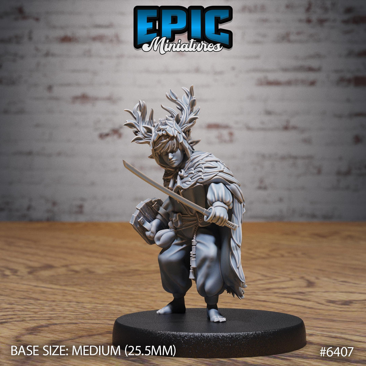 A 3D model of a character with a sword, standing on a black base. The character is wearing a cape and has a large headdress. The background is a brick wall.
