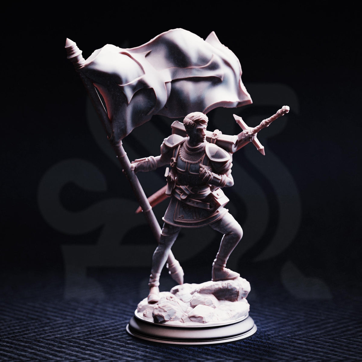 A figurine of a person holding a flag and a sword, standing on a base.