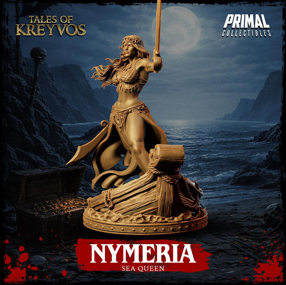 The image is a promotional poster for the video game "Tales of Kreyvos: Nymeria Sea Queen". The poster features a golden statue of a female warrior standing on a ship, holding a sword and surrounded by a dark, stormy sea. The title "Nymeria Sea Queen" is prominently displayed, and the game's title is also featured.