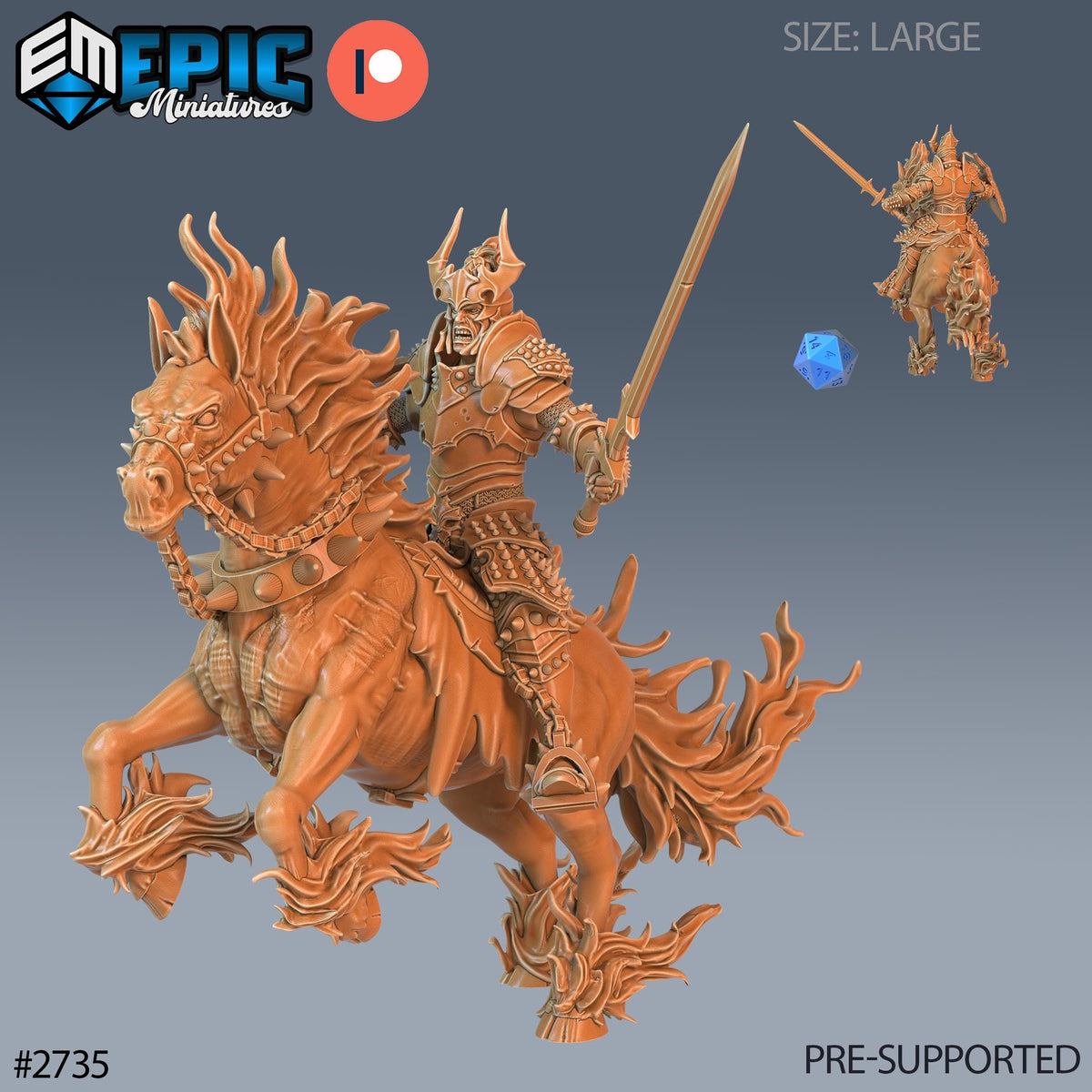 The image is a 3D rendering of a knight on a horse, with the knight holding a sword and a shield. The knight is wearing a helmet and armor, and the horse is adorned with a chain and a flame-like decoration. The image is a collage of two smaller images, one showing the knight in full armor and the other showing the knight in a different pose. The image is labeled as a "PRE-SUPPORTED" image, indicating that it is part of a larger collection of images.