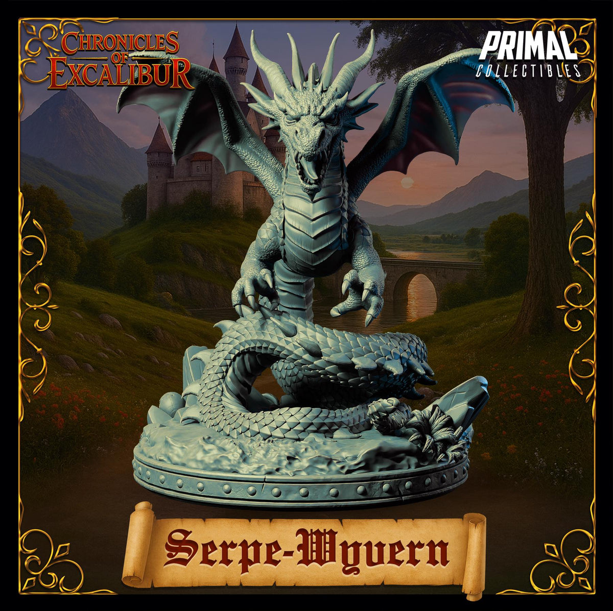 a large, detailed statue of a dragon with wings and sharp teeth, set against a castle-like background. The dragon appears to be in a fighting stance, with its mouth open and claws extended. The statue is surrounded by a decorative border, and the name "Serpe-Wyvern" is prominently displayed below it.