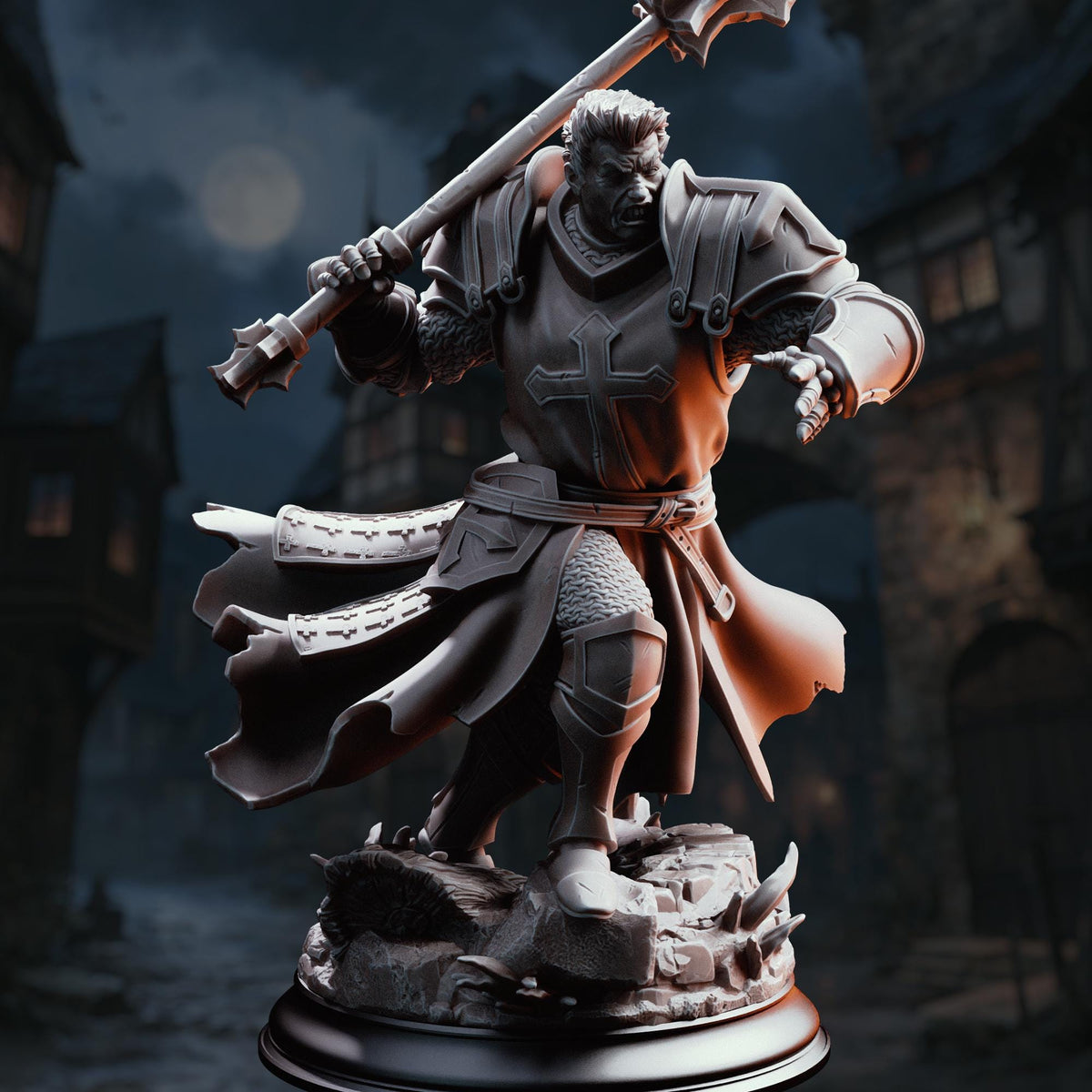 A detailed 3D rendering of a knight in shining armor, wielding a large weapon and standing on a rocky base against a dark, stormy background.
