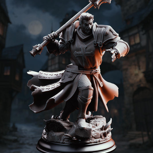 A detailed 3D rendering of a knight in shining armor, wielding a large weapon and standing on a rocky base against a dark, stormy background.