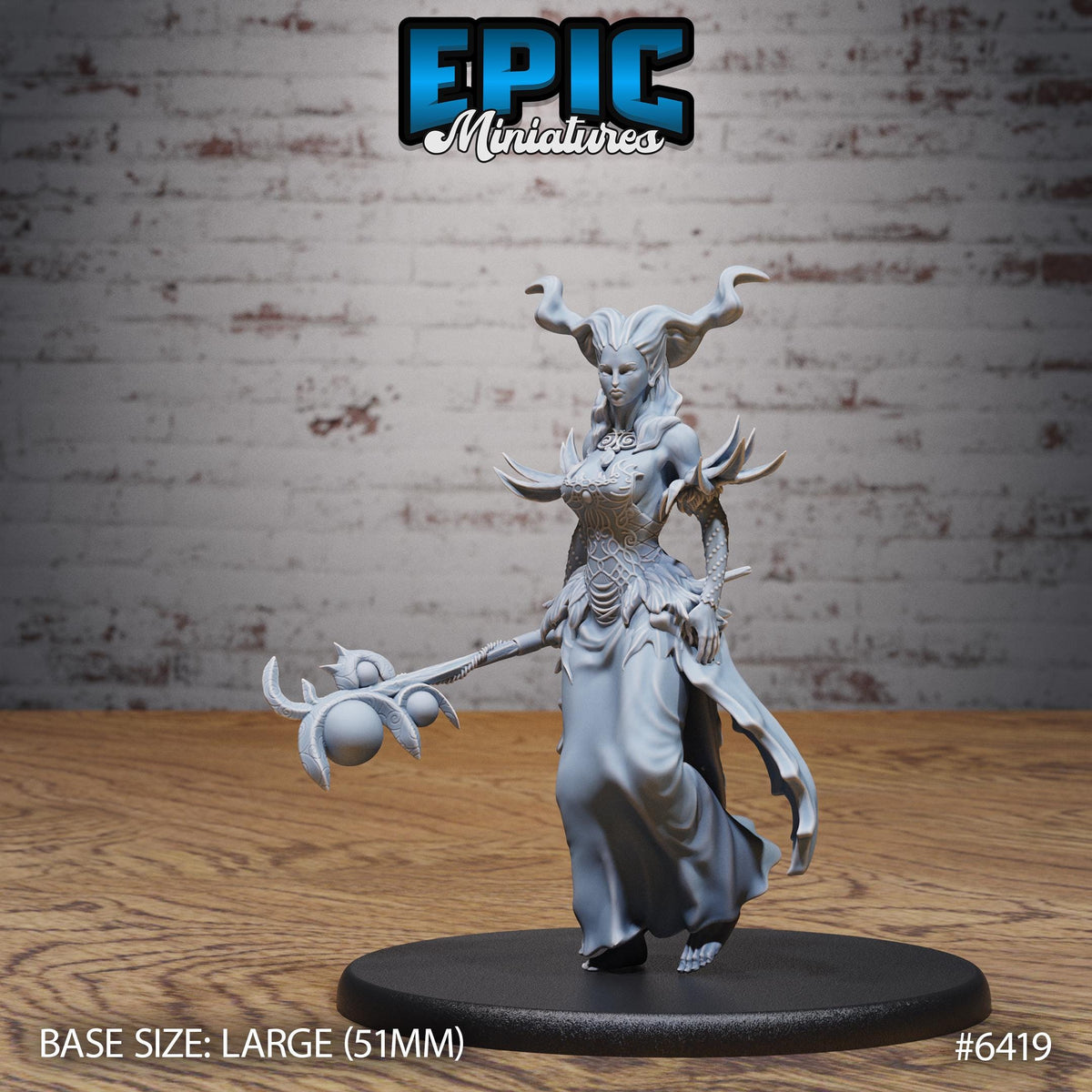 A 3D model of a female character with horns and a flowing dress, standing on a black base and holding a staff. The background is a brick wall.