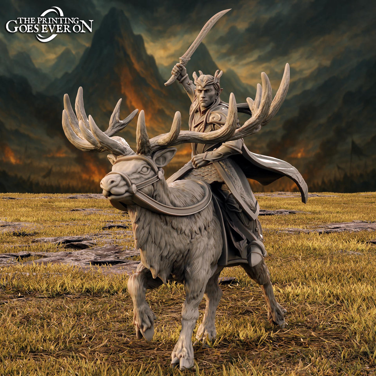 A statue of a knight riding a reindeer in a field with mountains in the background.
