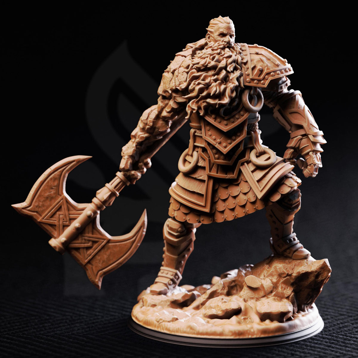 A detailed 3D model of a warrior figure, complete with armor and a large weapon, stands on a rocky base against a dark background.