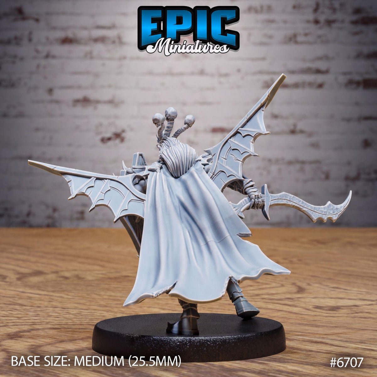 a detailed miniature model of a winged figure, possibly a character from a fantasy or science fiction setting. The figure is shown from the back, with its wings spread wide, and it is standing on a black base. The background is a brick wall, which adds to the overall aesthetic of the image. The image is described as a "MEDIUM" size, with a base size of 25.5mm. The number "6707" is also visible in the image.