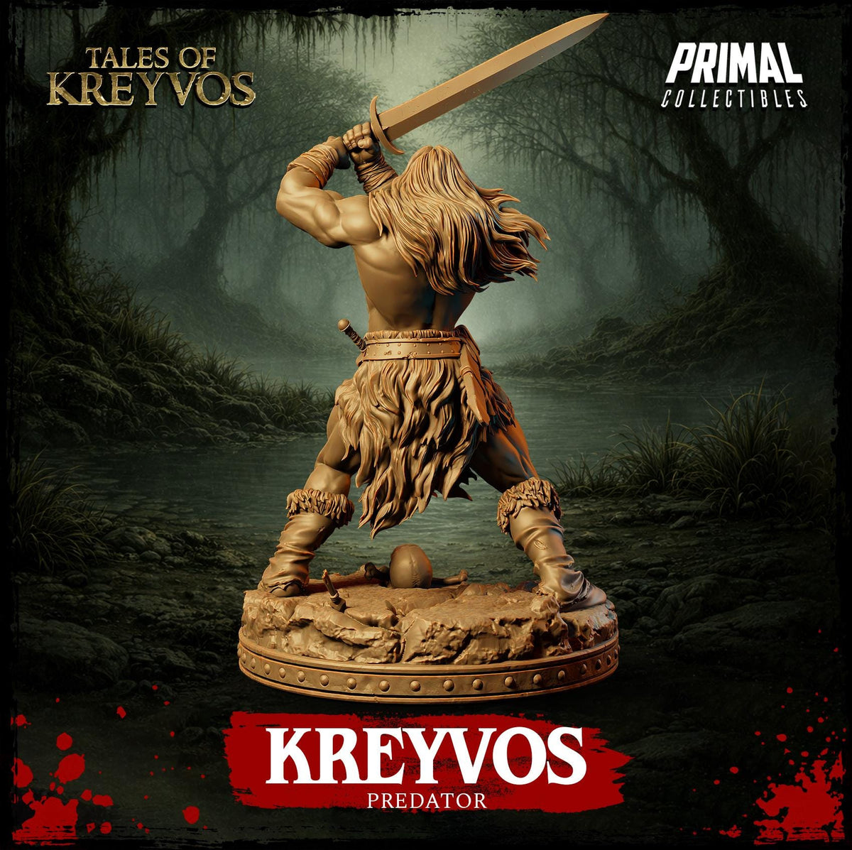a statue of a warrior wielding a sword, with the name "KREYVOS" prominently displayed.
