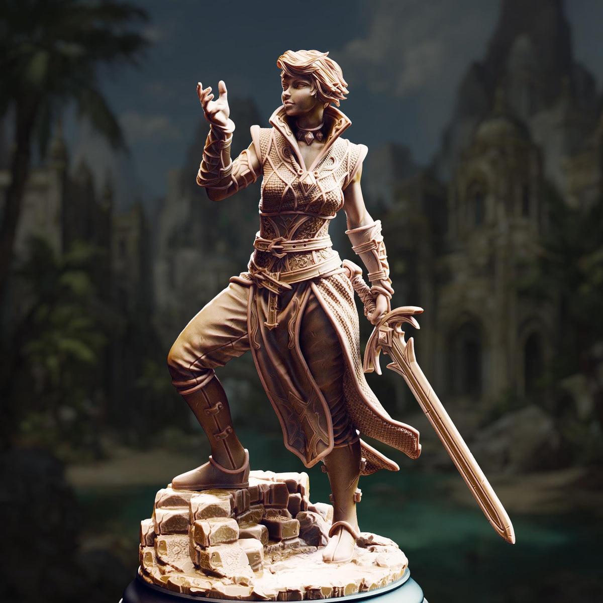 A bronze statue of a woman holding a sword and standing in a dramatic pose against a backdrop of a cityscape.