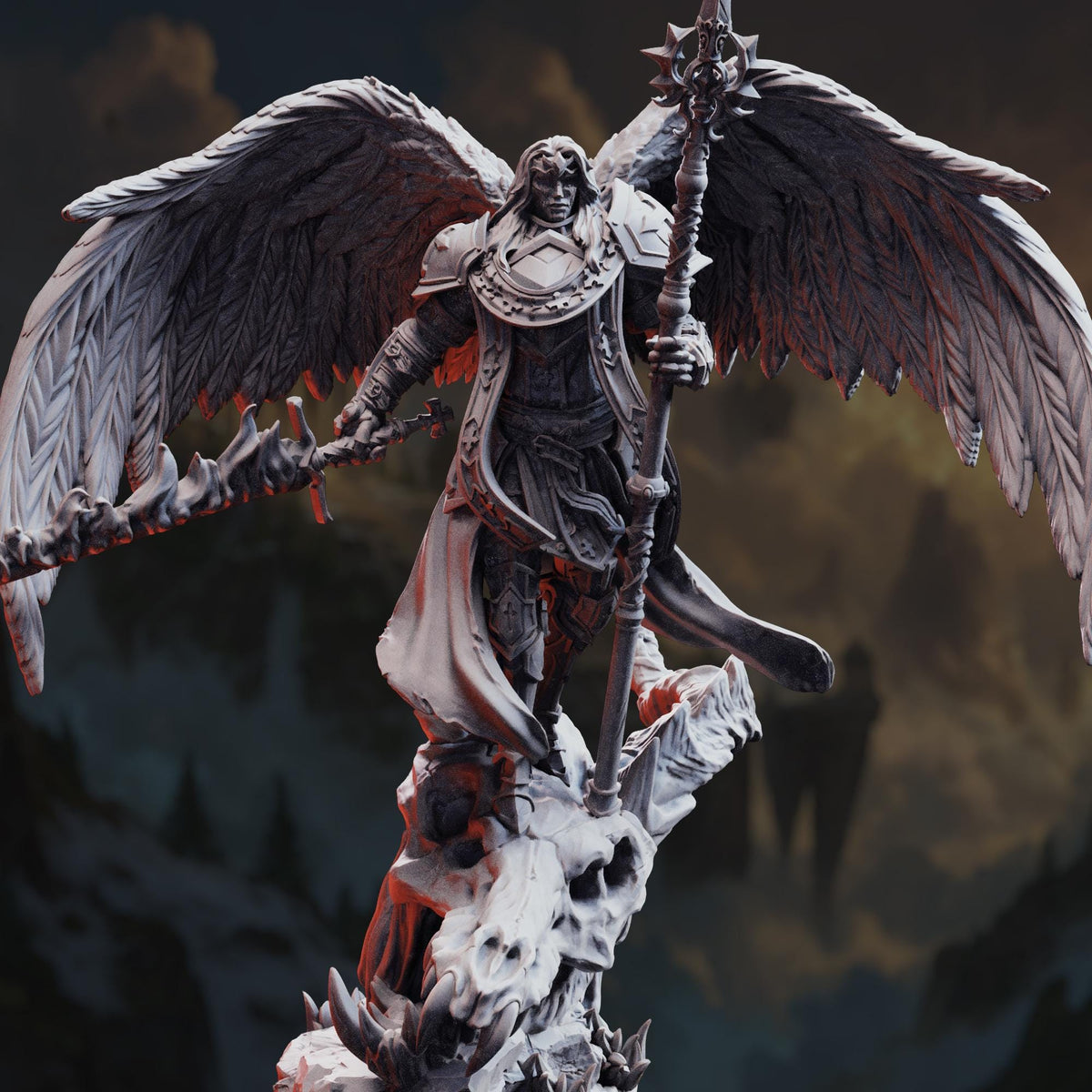 A detailed 3D model of a winged warrior figure, holding a staff and wielding a weapon, standing atop a rocky outcrop against a dark, cloudy background.