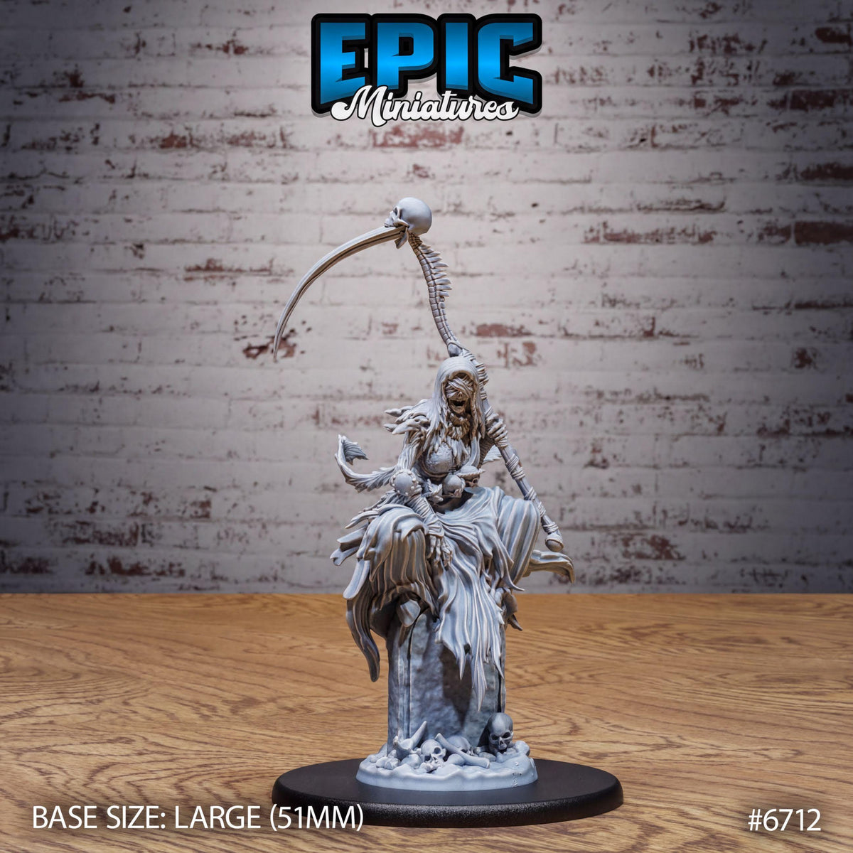 A figurine of a female character with a long, curved weapon, possibly a staff or staff-like object, standing on a wooden base. The figurine is displayed against a brick wall background.