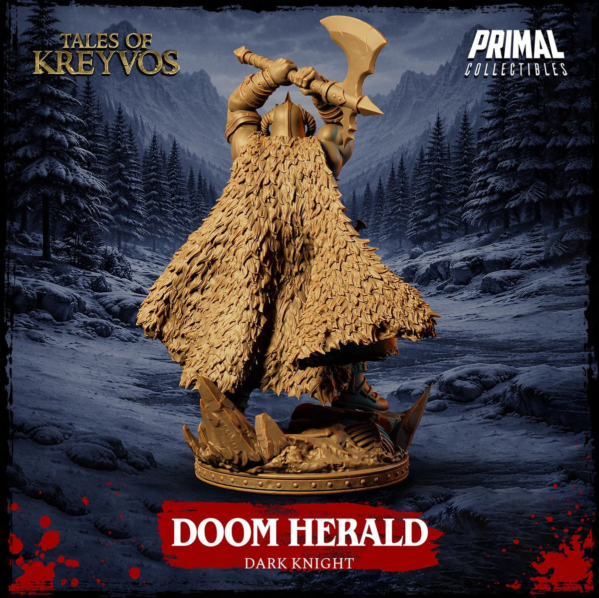 a statue of a dark knight, specifically named "DoomHERALD", standing in a snowy forest setting.