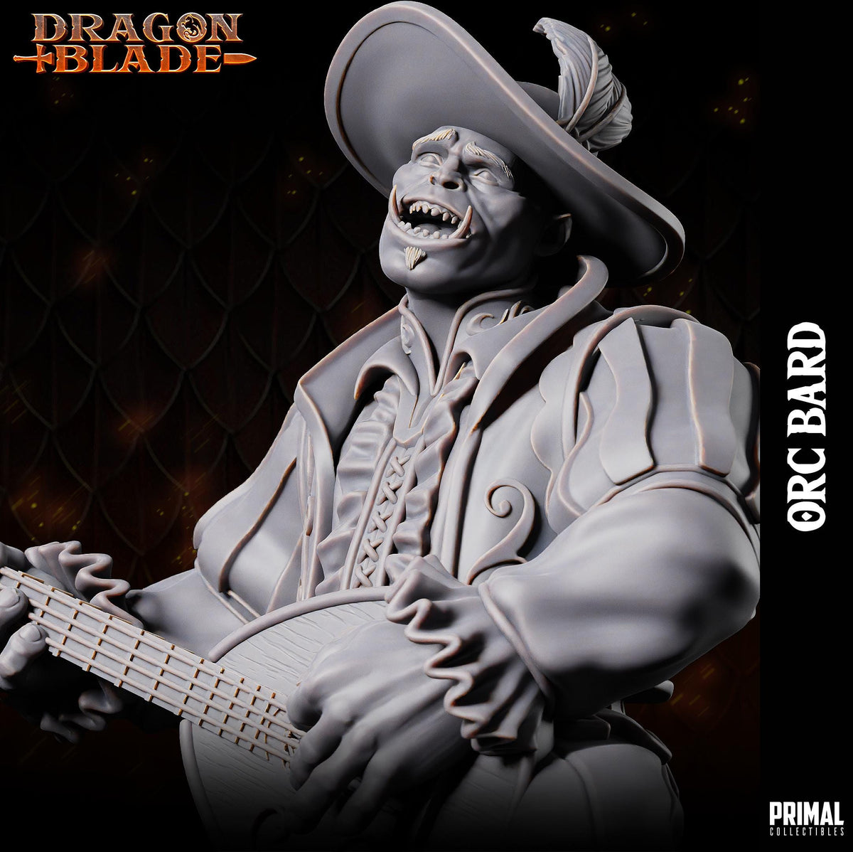 A detailed statue of a character from the video game Dragon Blade, specifically the character ORC Bard. The statue depicts the Bard playing a guitar and appears to be in a dynamic pose.