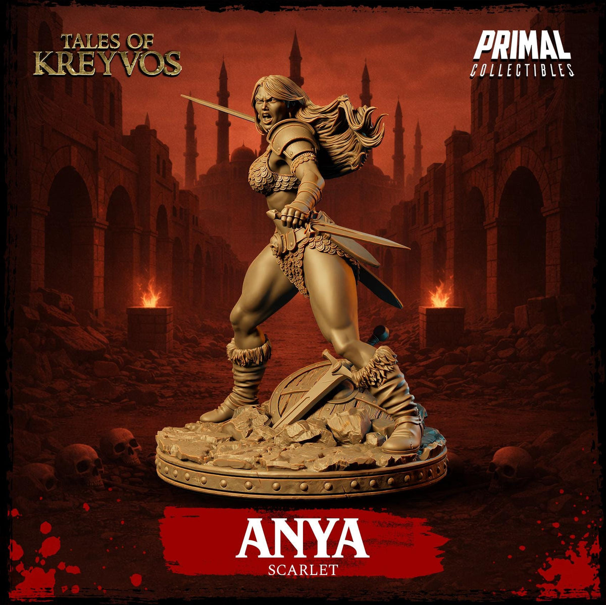 a bronze statue of a female warrior named Anya, who is depicted as a scarlet-haired warrior, standing in a dramatic pose with a sword in her hand.