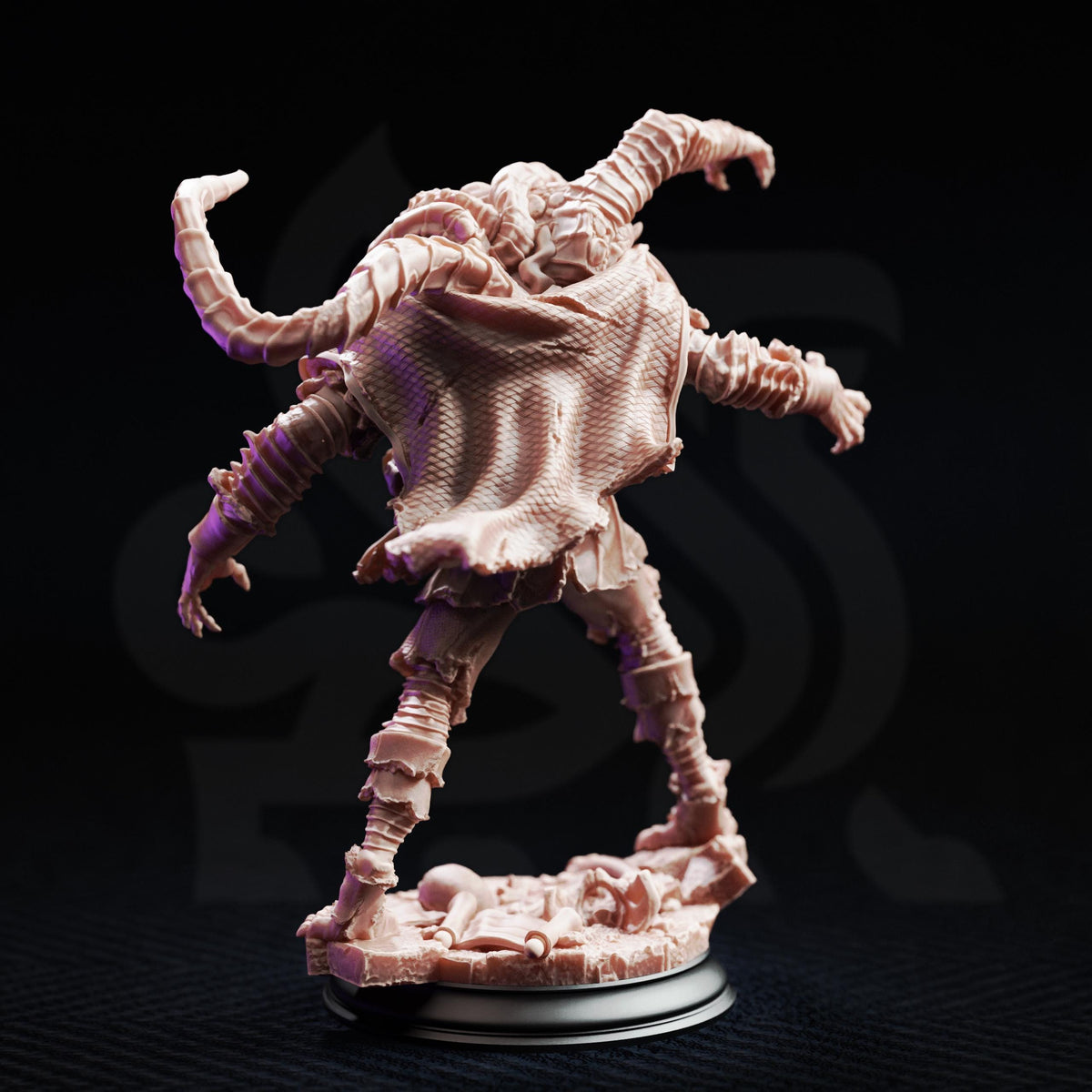 A detailed 3D model of a fantastical creature with multiple arms and legs, standing on a base and appearing to be in motion.