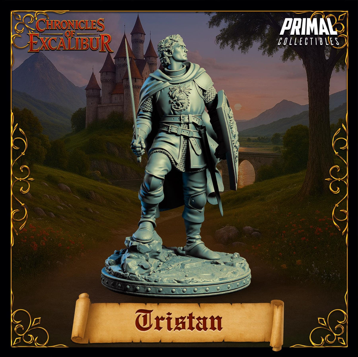 Knight Tristan miniature from Chronicles of Excalibur, premium resin model ready for display or painting