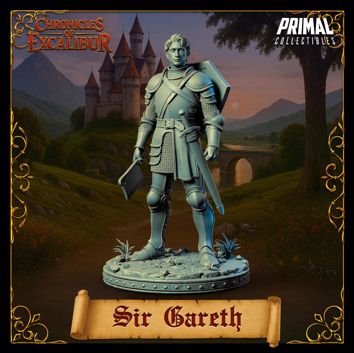 a statue of a knight, Sir Gareth, standing in front of a castle.